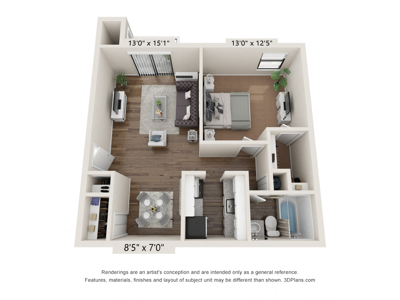 Floor plan for 1 bed, 1 bath, 621 sqft